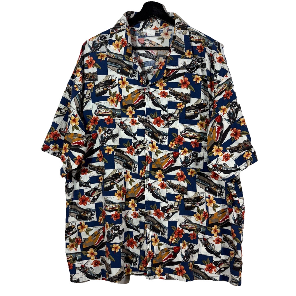 Matt Rider Floral Shirt Men's L USA Made World War II Aircraft Planes Blue
